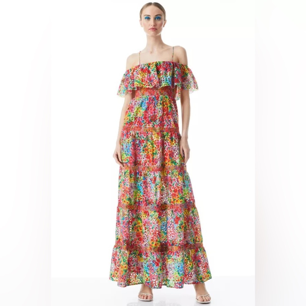 NEW ALICE & OLIVIA WOMEN’S KIA EYELET COLD SHOULDER MAXI DRESS SIZE 10